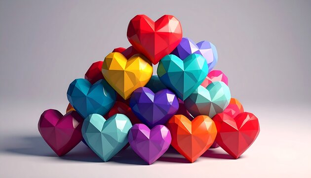 Colorful polygon hearts stacked in a pyramid