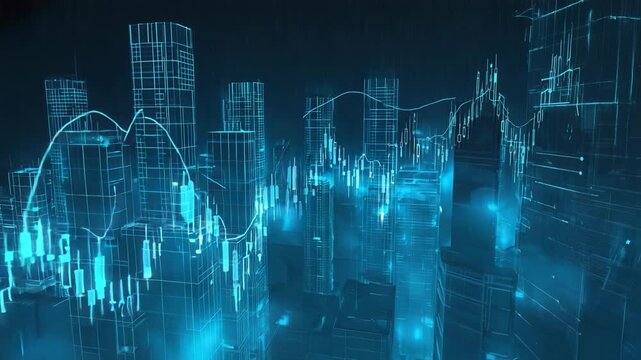 An isometric sprawling city skyline night, skyscrapers glowing blue stock market bars. Line graphs buildings economy, investment success Foggy, rainy night glass Futuristic 3D 4K ultra-detailed render