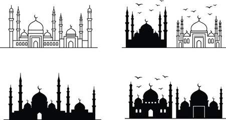 Fototapeta premium Set of Islamic mosque silhouettes and outlines with minarets, domes, and birds — perfect for Ramadan, Eid, and religious themes.