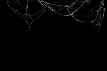 Tangled spider's web on isolated black background for Halloween design. White cobweb for applying in screen blend mode on any concept