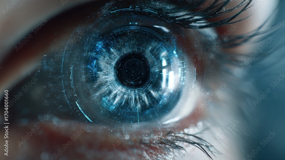 Aufkleber close-up view of an eye showcasing intricate digital patterns and holographic elements, symbolizing 