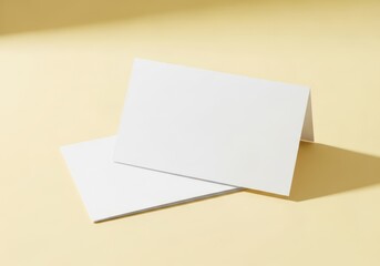 Blank white paper cards stacked on pale yellow background with soft light minimalist design high quality paper stock empty cards for graphic design mockups