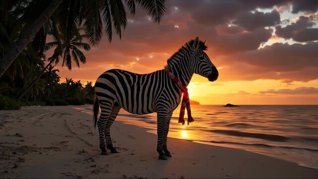A surreal zebra wearing a scarf on a tropical beach at sunset. Fantastical animal watching the ocean waves. AI generated art concept.