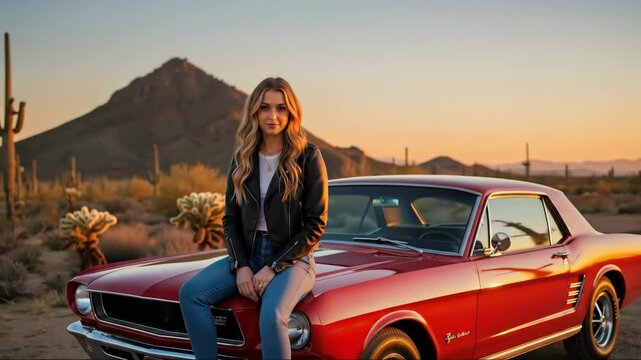 A young woman sits on a classic red Mustang in the desert at sunset. American Southwest road trip adventure. Freedom and lifestyle concept with an animated photo effect.