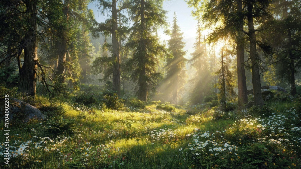 Poster sunlight streams through towering trees, illuminating a lush forest clearing filled with vibrant flo