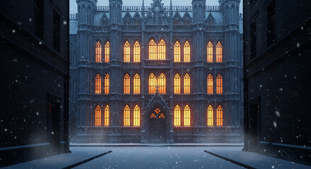 Gothic building in winter with warm light