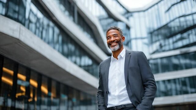 Smiling Man in Business Attire: A distinguished, mature gentleman in a tailored suit and crisp shirt radiates success, smiling confidently against the backdrop of a modern office building.