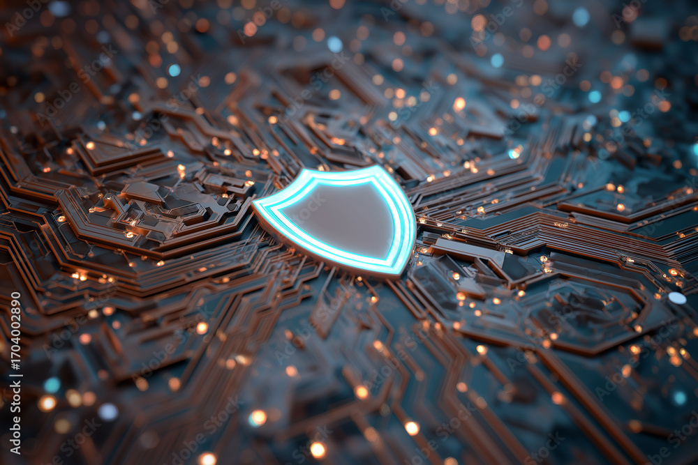 Poster abstract circuit board background with glowing shield icon at center, futuristic cybersecurity visua
