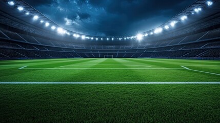 Empty soccer stadium at night with bright lights
