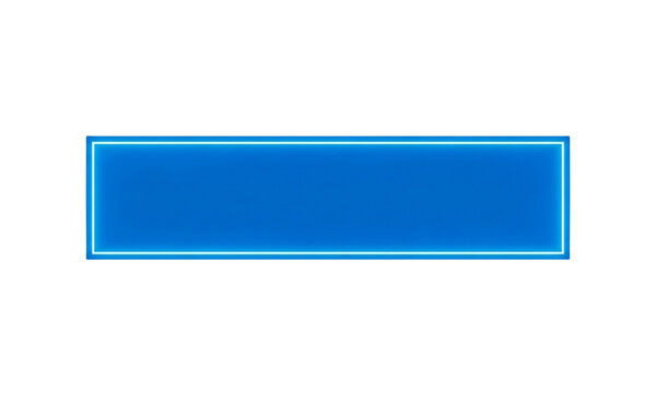A vibrant blue rectangle illuminated with a neon white border against a stark black background space