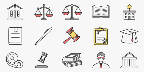 Law and justice color icons for legal concept