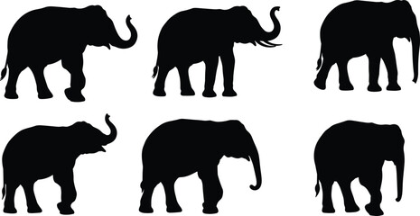 Set of six black elephant silhouettes in different poses with raised trunks, isolated on white background for wildlife designs.