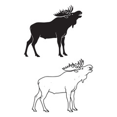 Clean Moose Silhouette & Moose Lineart – Moose Vector Drawing with Smooth Line Finish – Moose Illustration – Silhouette and Lineart Set of Moose