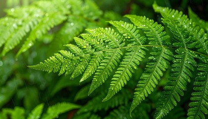 Lush Green Fern Leaves with Water Droplets in a Tropical Forest.