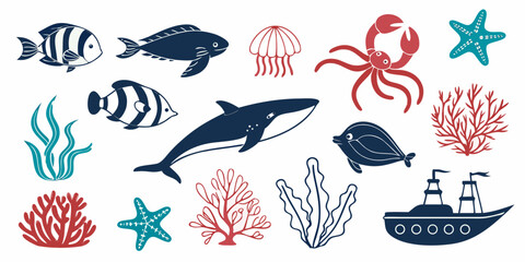 Marine life collection with fish, jellyfish, crab, whale and boat