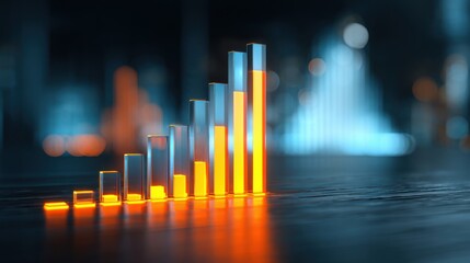 Glowing bars in orange and blue exhibit a trend of growth on a reflective dark surface. This represents financial or analytical data in an abstract way during a modern setting.