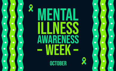 Mental illness awareness week october event banner with dark blue background and green decorative lines
