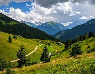 Fototapeta premium Alpine valley with winding road, lush green meadows, and forested mountains under partly cloudy sky