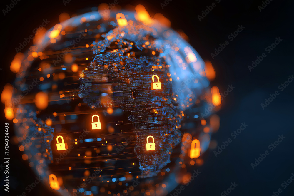 Aufkleber abstract glowing globe wrapped with digital padlocks and data streams, global cybersecurity concept.