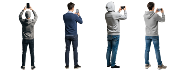 Collection of diverse man holding smartphone isolated on white or transparent background