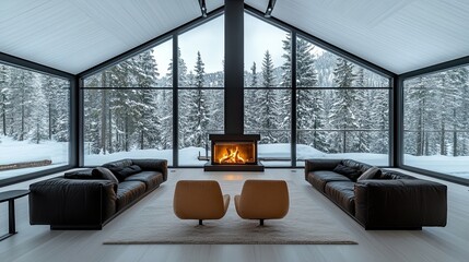 Naklejka premium Cozy winter cabin interior with fireplace and forest view