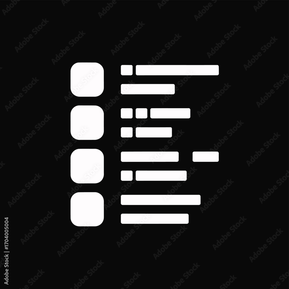 Wall mural white menu icon with four rounded squares and text lines on a black background in a simple flat styl