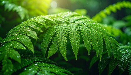 Lush Green Fern Leaves with Water Droplets in a Vibrant Forest.
