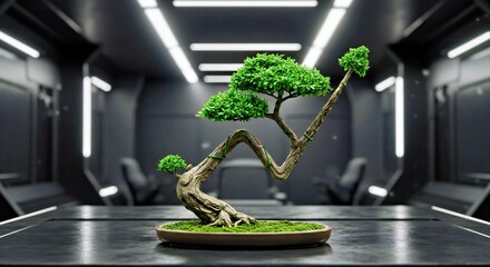 A futuristic bonsai tree with branches arranged in the shape of a bullish chart, showing disciplined growth