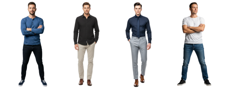 Collection of diverse men standing isolated on white or transparent background