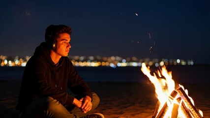 Young man with headphones relaxing by a campfire on the beach at night. Listening to music in solitude with city lights in the background. Contemplation and mindfulness concept. - Powered by Adobe