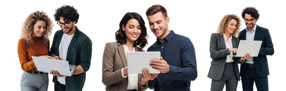 Collection of young business women and business men holding tablet and working together isolated on white or transparent background