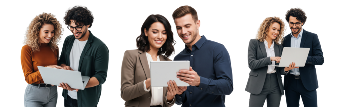 Collection of young business women and business men holding tablet and working together isolated on white or transparent background - Powered by Adobe