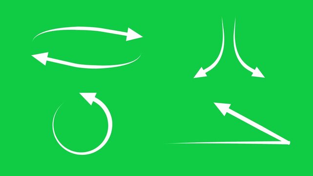 White Arrows In Curved Motion on Green Screen &ndash; Dynamic Direction, Path, And Flow Design, Marker Arrows, Hand Drawing Arrows.