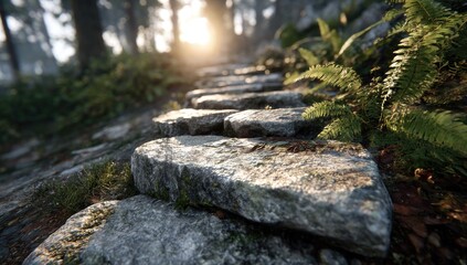 Stone path winding through sunlit forest