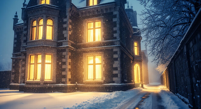 Victorian house in winter snowfall at night