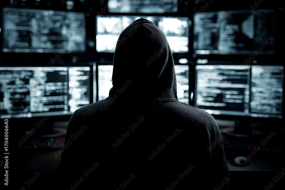 Fototapete hacker silhouette in dark room with multiple computer screens, symbol of cybercrime and data theft.