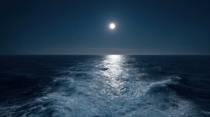 The tranquil ocean stretches endlessly under a bright moon, its soft light spilling across the water. Gentle waves ripple, creating a soothing ambiance on a peaceful nighttime voyage.