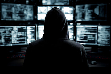 Hacker silhouette in dark room with multiple computer screens, symbol of cybercrime and data theft.