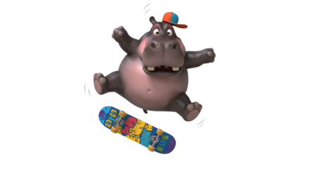 Cartoon hippopotamus jumping over a skateboard isolated PNG with Transparent Background