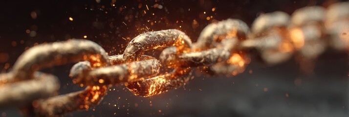 Metal chain breaking with sparks flying in a dark environment during an intense and dynamic moment