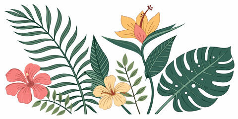 Tropical floral arrangement with hibiscus and palm leaves