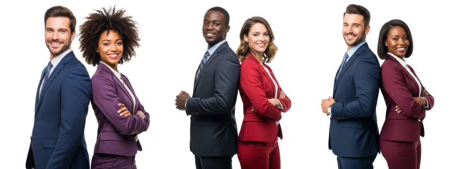 Collection of business men and women standing together and crossed arms isolated on white or transparent background