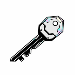 A futuristic high-tech key with an iridescent, polygonal head and intricate circuit patterns, symbolizing digital security and modern access