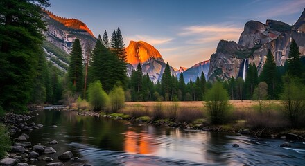 Yosemite National Park Half Dome Sunrise Reflection in Merced River.