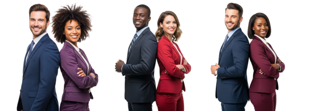 Collection of business men and women standing together and crossed arms isolated on white or transparent background