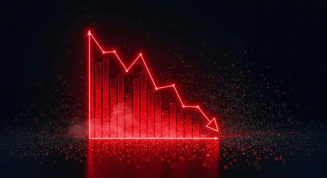 A holographic red line chart projected in midair, fading downward into glowing dust
