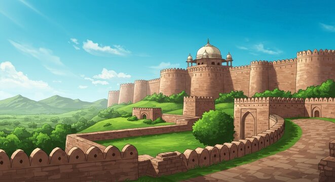 Cute cartoon of Rohtas Fort with blue sky