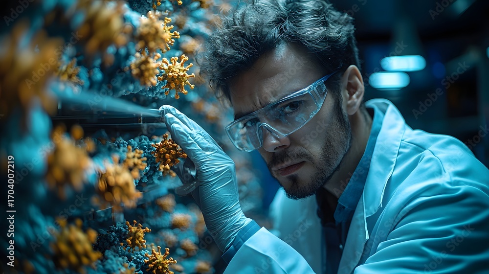 Poster Scientist intently examines virus model in laboratory setting