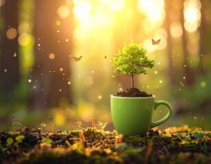 Symbol of hope and ecological beginnings, a tiny tree sprouts from a green cup in a sunlit, enchanted forest with magical butterflies