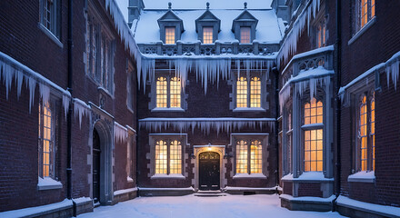 Winter courtyard with icicles at dusk